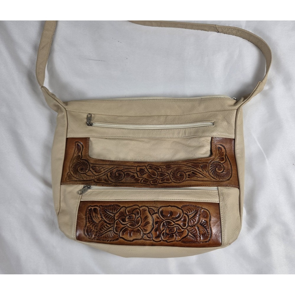 Vtg Multi-Pocket Cream Leather Purse Brown Tooled Roses Made in Mexico